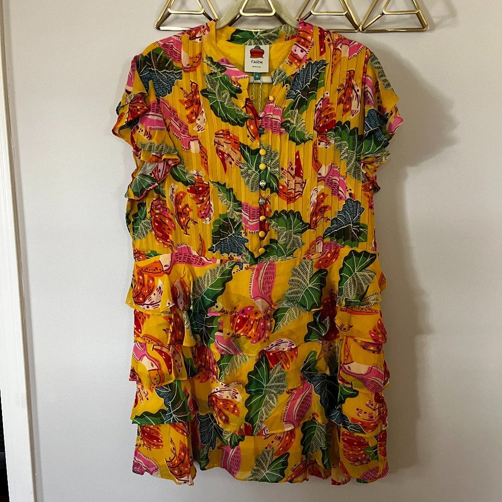 FARM Rio Yellow Tropical Ruffle Mini Dress with Pink & Green Print